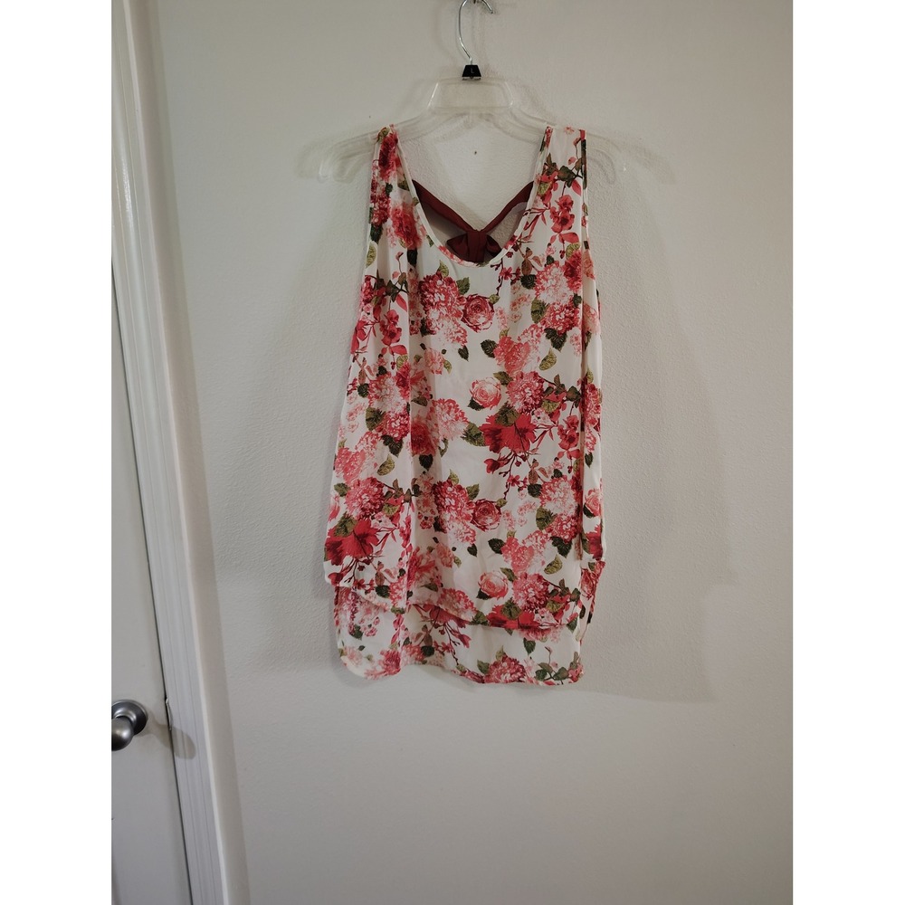 Liberty Love Floral Tank Top Womens 2XL Red Pink Rose Sleeveless Bow Back Blouse
